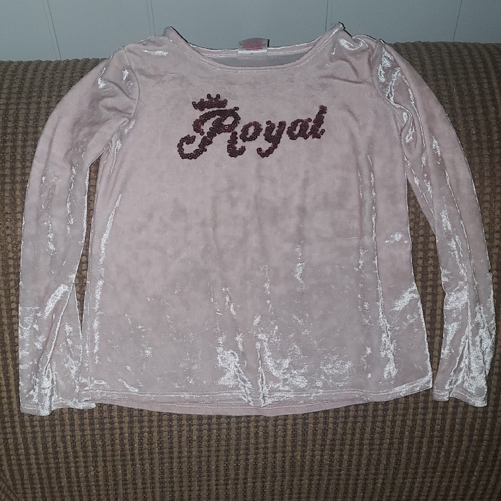 Pink Velvet Long Sleeve Top with 'Royal' Embroidery. Tiny Hole On The Elbow .